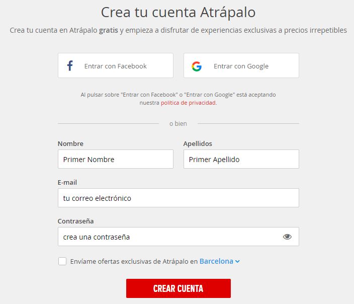 cómo registrase en atrápalo